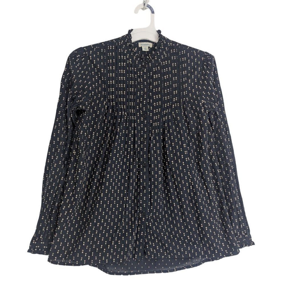 Sundance Button Up Blouse Black Tan Embroidered Long Sleeve Women's Size XS